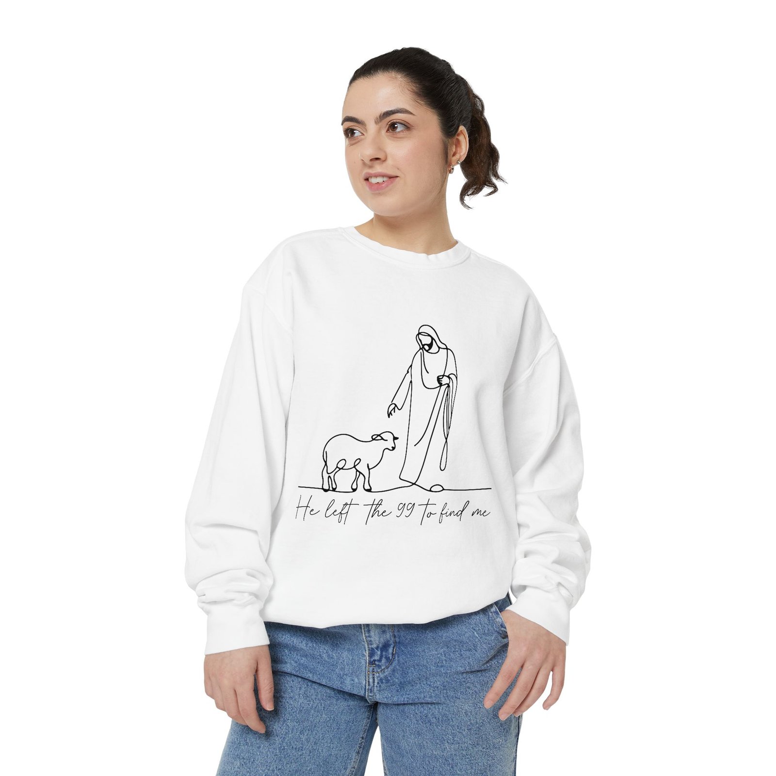 He Left the 99 to Find Me Jesus and Sheep Faith Garment-Dyed Sweatshirt