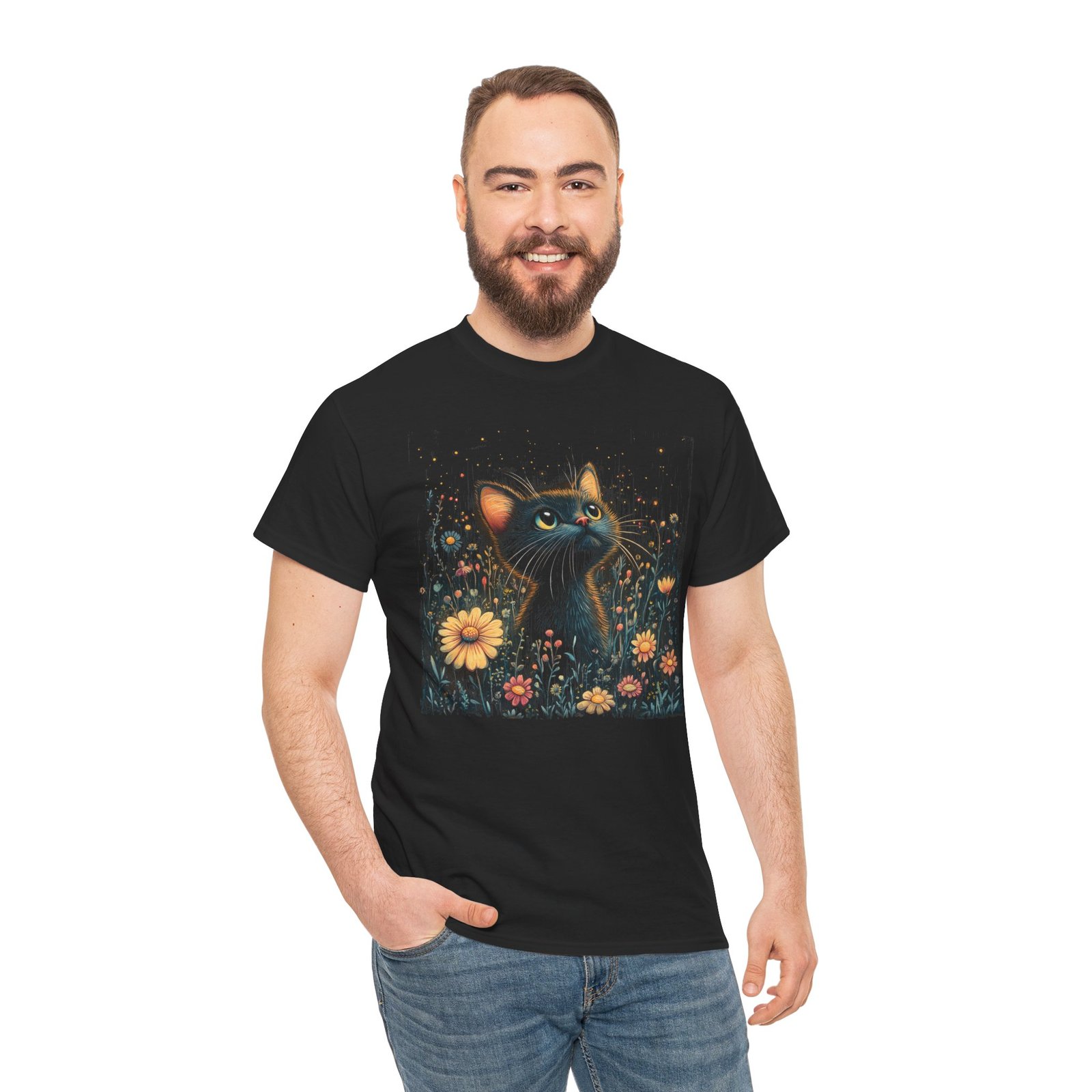 Zen Black Cat Meditation in Flower Garden Relaxation T-Shirt