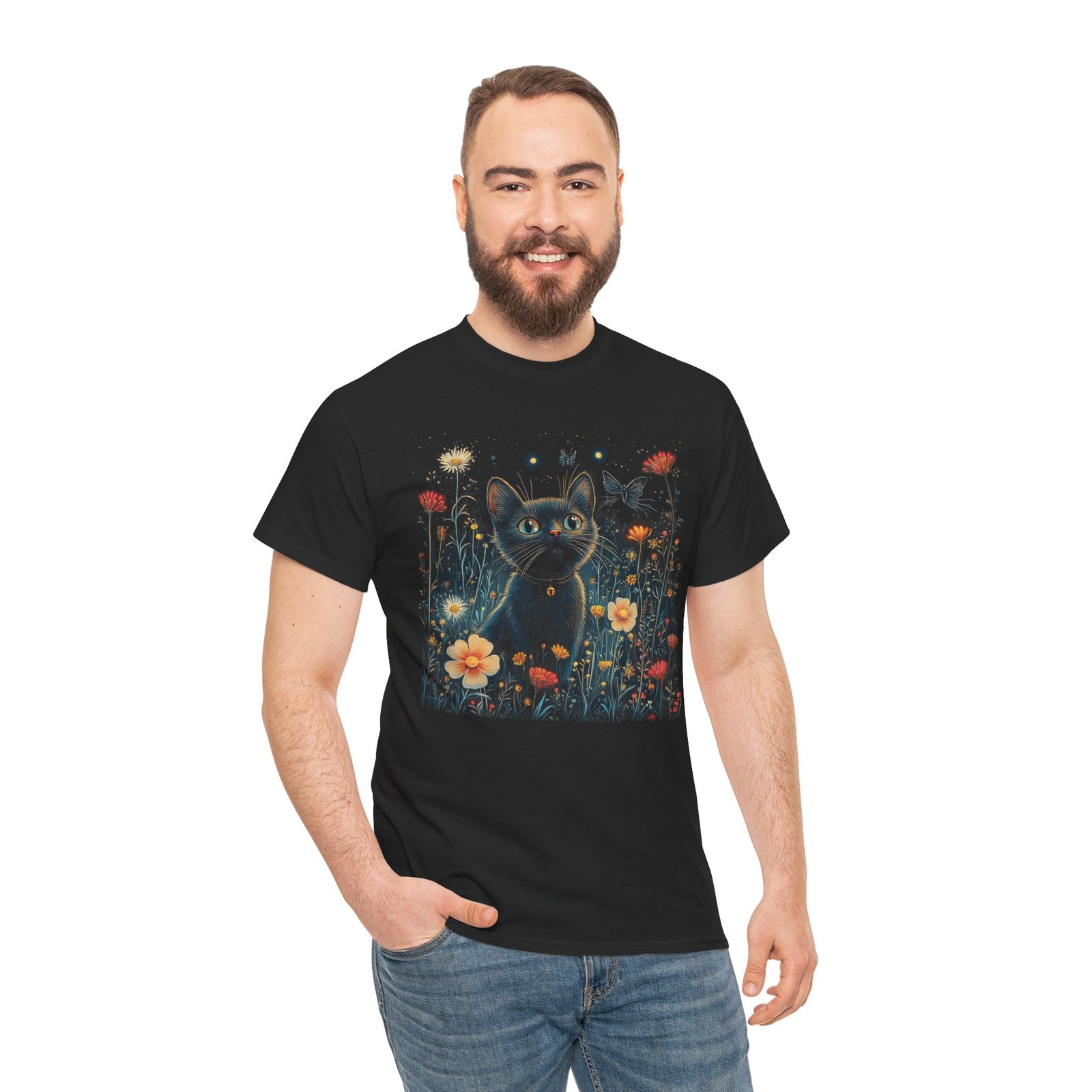 Alert Black Cat Butterfly Watching Adventure T-Shirt