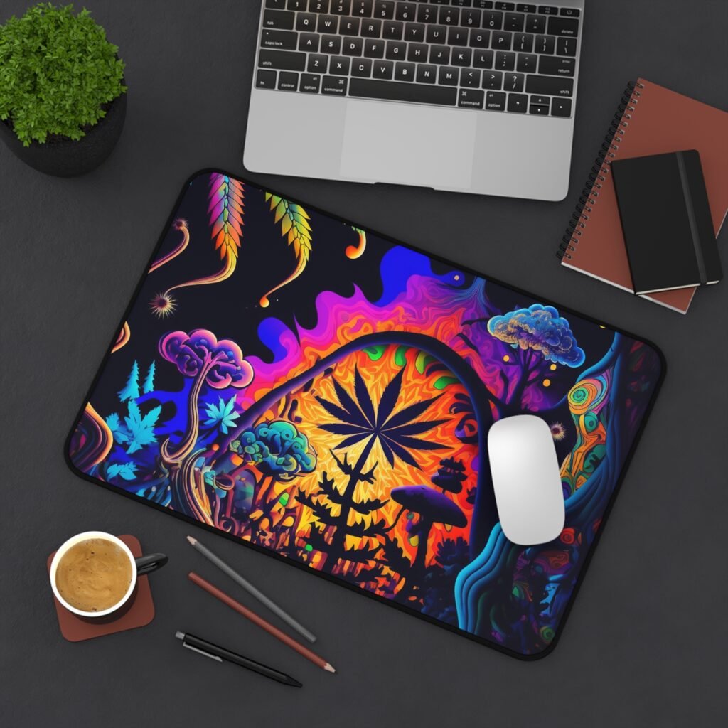 Psychedelic Weed Leaf Background Desk Mat