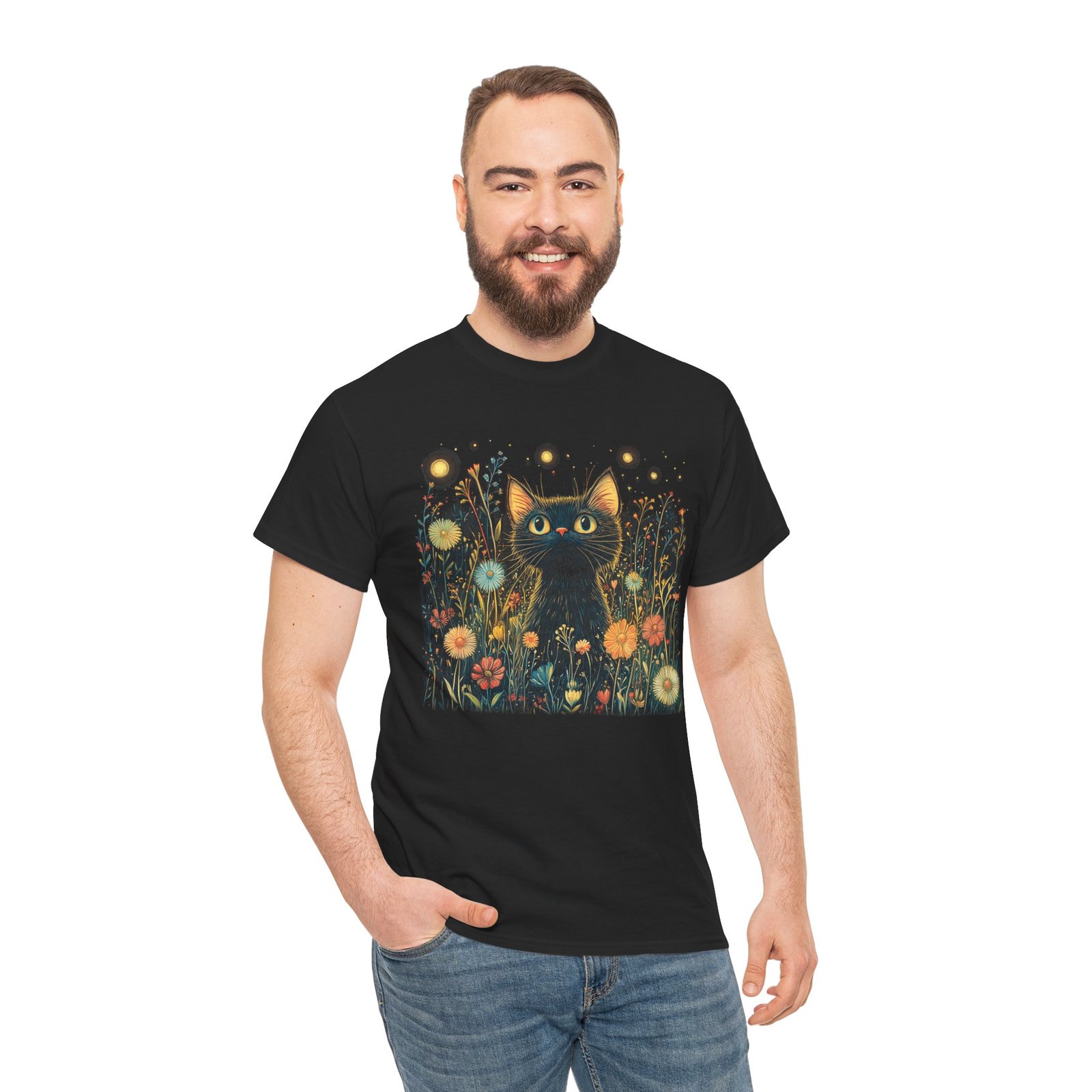 Curious Black Cat Discovering Dandelions Nature-Inspired T-Shirt